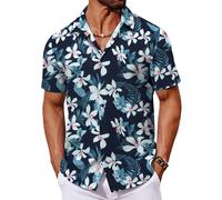 COOFANDY Camicia Uomo a Maniche Corte Camicia Hawaiana Estiva Tropicale Leggere Camicie Floreale con Bottoni Camicie da Spiaggia Fiori Bianchi Blu L