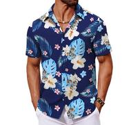 COOFANDY Camicie A Maniche Corte da Uomo Camicie Hawaii Camicie da Spiaggia Camicia Hawaiian Tropic Camicie Estive per Feste Camicia Aloha Flower Foglie Floreali Blu XXL