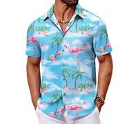 COOFANDY Camicie A Maniche Corte da Uomo Camicie Hawaii Camicie da Spiaggia Camicia Hawaiian Tropic Camicie Estive per Feste Camicia Aloha Flower Blu Fenicottero L