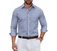 COOFANDY Camicie da uomo a maniche lunghe in cotone scozzese con bottoni camicie senza pieghe camicia casual da lavoro, Plaid grigio bianco, L