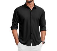 COOFANDY Camicie da Uomo Maniche Lunghe Camicie Casual da Uomo Business Camicie da Uomo Tinta Unita Regular Fit Nero XXL