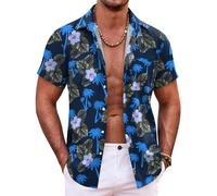 COOFANDY Camicie hawaiane da uomo a maniche corte estive per le vacanze estive da uomo con bottoni sulla spiaggia tropicale, Palma da cocco blu, L