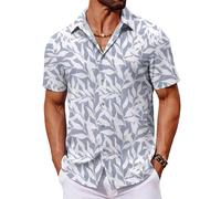 COOFANDY Camicie Hawaiane da Uomo Camicie Estive a Maniche Corte Camicia Floreali per Le Feste Camicia Aloha Foglie di Palma Blu E Bianche L