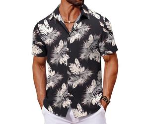 COOFANDY Camicie Hawaiane da Uomo Camicie Estive a Maniche Corte Camicia Floreali per Le Feste Camicia Aloha Foglie di Palma Nere 3XL