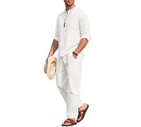 COOFANDY - Completo da uomo 2 pezzi in cotone e lino, casual, da spiaggia