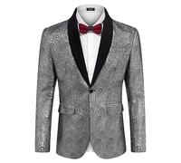 Coofandy Giacca da Smoking da Uomo, Motivo Floreale, Scialle con Risvolto, Giacca Blazer per Cena, Ballo di fine Anno, Matrimonio, Argento, L