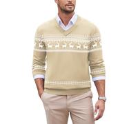 COOFANDY Maglione Natalizio Uomo con Scollo V Elegante Pullover Invernale a Maniche Lunghe Maglione Maglia Fine Morbido Sweater Renna di Natale - Beige L