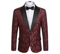 Coofandy Mens Floral Party Dress Suit Stylish Dinner Jacket Wedding Blazer Prom Tuxedo,Red,US XXXL(Chest 55.1)