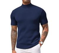 COOFANDY T-shirt da uomo a maglia con colletto alla coreana, pullover a maniche corte, mezzo colletto, Blu mare, XL