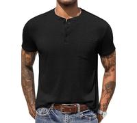 COOFANDY T-Shirt Henley da Uomo Tinta Unita Estiva a Maniche Corte per Uomo T-Shirt Basic per Il Tempo Libero con Bottone Tascabile Nera XXL