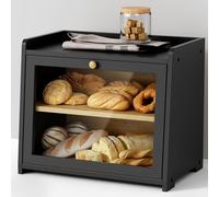 Cookery Contenitore per il pane in legno con 2 ripiani, per conservare il pane in bambù, grande, 2 piani (nero)