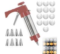 Cookie Press Set, Stainless Steel Cookie Maker for Baking, Complete Kit with 13 Discs & 8 Piping Tips, Manual DIY Biscuit Machine for Christmas Cookies, Churros & Cake Decoration (Red)