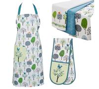 Cooksmart Set da 5 pezzi grembiule e cucina | Doppio guanto da forno e strofinacci perfetti per qualsiasi cucina - Uccelli della foresta