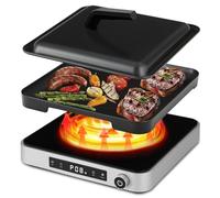 Cooktron Piastra di cottura a induzione con piastra e copertura - 2000 W piano cottura a induzione + griglia elettrica, 10 + 5 livelli, controllo touch e manopola per campeggio, cucina/esterni