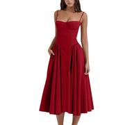 cookx Sleeveless Corset Fit Midi Dress Spaghetti Strap Bustier Midi Dress Trendy A Line Dress with Pocket (M,Red)