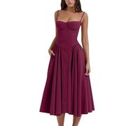 cookx Sleeveless Corset Fit Midi Dress Spaghetti Strap Bustier Midi Dress Trendy A Line Dress with Pocket (S,Hot Pink)