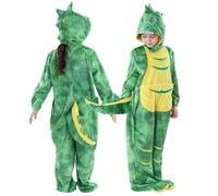 COOKY.D Costume Animale per Bambini con Cappuccio e Cerniera Tuta Unisex per Feste e Carnevali,Dinosauro Verde 5-6 Anni