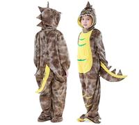 COOKY.D Costume Animale per Bambini con Cappuccio e Cerniera Tuta Unisex per Feste e Carnevali,Dinosauro Marrone 3-4 Anni