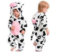 COOKY.D Neonato con Cappuccio Flanella Romper Autunno Inverno Onsie Pigiama Tuta Manica Lunga per Bambini Ragazze Ragazzi,12-18 Mesi,Mucca