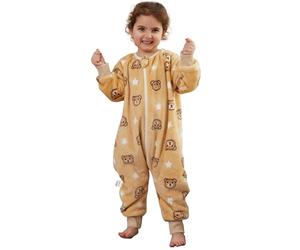 COOKY.D Pigiama Unisex Bambini e Bambine in Flanella con Maniche Lunghe Sacco Nanna con Piedi per Neonati con Cerniera Tripla Coperta Indossabile da Cartone Animato.Marrone 2-3 Anni
