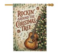 Cool Around The Christmas Tree Guitar Acoustic House Flag 71 x 101 cm | Note musicali, bandiera del prato, albero sempreverde, scatole regalo, tema canzone festiva, sfondo beige rustico