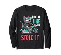 Cool Biker Cat Ride Like You Stole It Funny Motorcycle Citazione Maglia a Manica