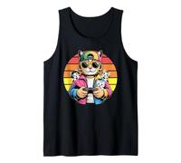 Cool Cat Gamer Dad with Kittens Retro Tramonto Videogioco Canotta