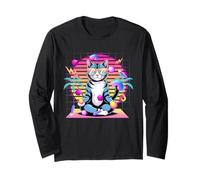 Cool Cat Meditating Vaporwave Anni '80 Retro Synthwave Maglia a Manica
