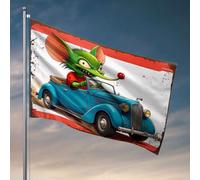 Cool Decor per la stanza dei ragazzi Un personaggio dei cartoni animati verde guida un'auto classica blu convertibile. Bandiera felice camper regali bandiere per camera per ragazze (152 x 244 cm)