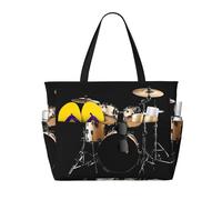 Cool Drum Set Stampa Grande Borsa da Spiaggia Impermeabile per Donna con Zip e Tasche Borsa Pieghevole per Viaggi Piscina Shopping Vacanze Palestra