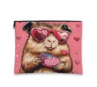 Cool Guinea Pig Makeup Carry Bag, Love Heart Sunglasses Cosmetic Small Canvas Zipper Bag for Kids Travel Organizer Portable Organizer, Spring Birthday Gift Accessory, Rosa, 7x9 Inch, Cavia