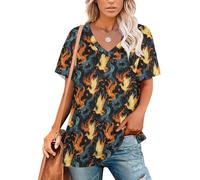 Cool Phoenix Flame Print Womens Summer Top Fashion Clothing, Plus Size V Neck T Shirt per le donne Trendy, Stile-39, L