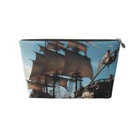 Cool Pirate Ship Print Leather Travel Toiletry Bag per le donne borsa da viaggio per articoli da toeletta borsa cosmetica borsa trucco, Oro, Taglia unica, Beauty case