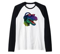 Cool Retro T-Rex Dino con cuffie Maglia con Maniche Raglan