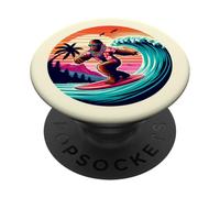 Cool Sasquatch sulla tavola da surf Surf onde tropicali del tramonto PopSockets PopGrip Adesivo