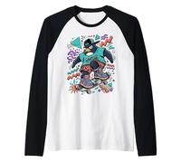 Cool Skater Penguin 90s Streetwear Graphic Maglia con Maniche Raglan
