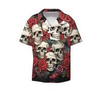 Cool Skull Head and Roses Camicia casual a maniche corte da uomo Cool Daily Loose Business Casual Bar Workwear, Nero , XL