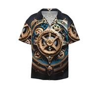 Cool Steampunk Gears Uomo Colletto Cuban Manica Corta Button Down - Camicia Casual Beach Resort Vacanza, Nero, XX-Large-5X-Large
