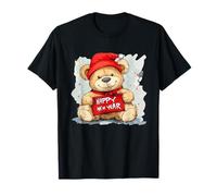 Cool Teddy con Cappello Rosso Vestito per Felice Anno Nuovo Maglietta