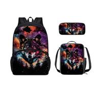 Cool Wolf Print - Zaino per scuola media per adolescenti, 43 cm, con borsa per il pranzo portatile e astuccio unico per penne