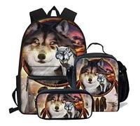 Cool Wolf - Zaini per la scuola per bambini, ragazzi e ragazze, set leggero per libri, borsa termica per il pranzo, portapenne, università, adolescente, zaino casual, 3 pezzi stile lupo, Taglia unica,