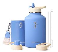 Coolflask 2L Bottiglia d'acqua Isolata con Custodia in Pelle PU, Bottiglia d'acqua in Acciaio Inox con Coperchi a Cannuccia, Bottiglia d'acqua in Metallo, Mantiene Freddo 48h Caldo 24h, Blu