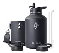 Coolflask 2L Bottiglia d'Acqua Isolata in Acciaio Inox Con Custodia in Pelle PU, Coperchi a Cannuccia, Mantiene Freddo 48h Caldo 24h, Nero