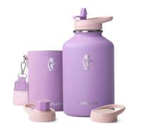 Coolflask Borraccia da mezzo gallone isolata con custodia in pelle PU, bottiglia d'acqua da 1,9 l, colore a contrasto con coperchi con cannuccia, grande brocca d'acqua in acciaio inossidabile,