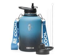 Coolflask Borraccia d'acqua termica da 64 oz (1,9 litri) con cinghia, brocca d'acqua da mezzo gallone in acciaio inossidabile con coperchi a cannuccia e beccuccio, grande borraccia d'acqua in metallo