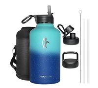 Coolflask - Borraccia termica 1,9 lt, con cannuccia e 3 coperchi, grande caraffa in acciaio inox, mantiene il freddo 48 ore, caldo 24 ore, blu