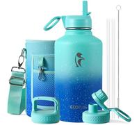 Coolflask - Borraccia termica 1,9 lt, con cannuccia e 3 coperchi, grande caraffa in acciaio inox, mantiene il freddo 48 ore, caldo 24 ore, blu