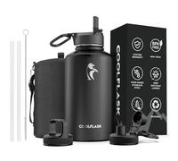 Coolflask - Borraccia termica con cannuccia e 3 coperchi, grande brocca in metallo in acciaio inox, con imboccatura larga da 900 ml, per sport, palestra o ufficio, senza BPA, mantiene il freddo per 48