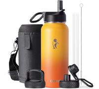 Coolflask - Borraccia termica con cannuccia, in acciaio inox, 3 coperchi, apertura larga, per sport o ufficio, senza BPA, mantiene il freddo fino a 48 ore o caldo fino a 24 ore, giallo/arancione