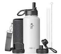 Coolflask Borraccia termica con cannuccia, in acciaio inox, con 3 coperchi, imboccatura larga, per sport o ufficio, senza BPA, mantiene il freddo fino a 48 ore o caldo fino a 24 ore, bianco